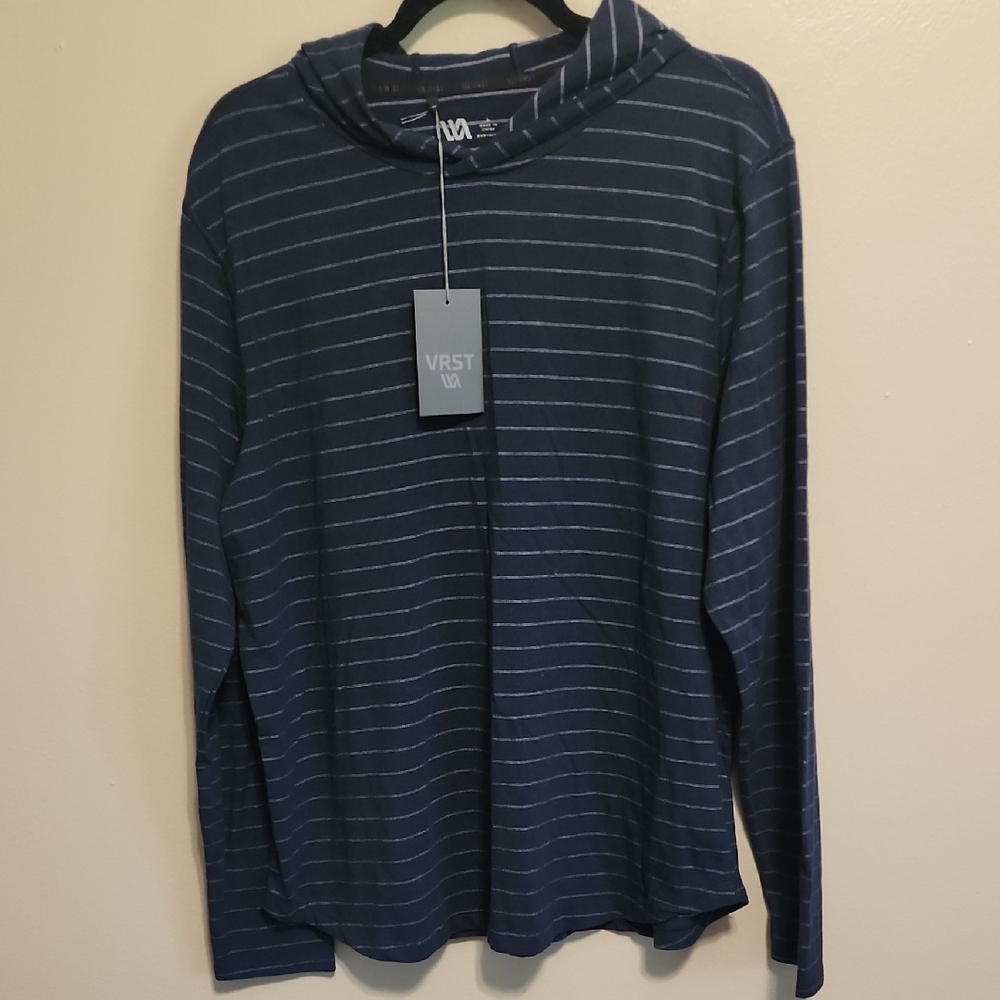 Men's VRST Navy Striped Hooded Shirt NWT